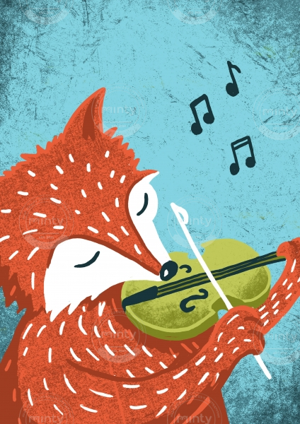 Orange Fox with green Fiddle playing  a tune