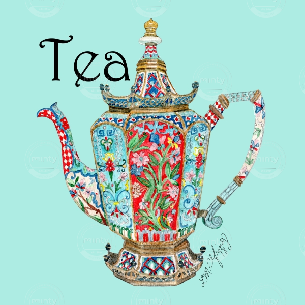 Floral teapot with a blue background.