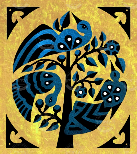 Birds in a tree, style inspired by Indonesian traditional art