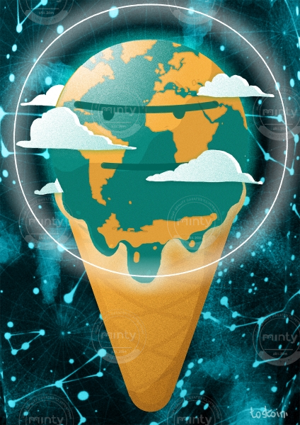 grumpy melting planet earth icecream climate change crisis conceptual illustration