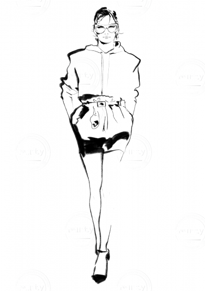 Fasion Draft of Girl in a Coat with Glasses and Hoodie