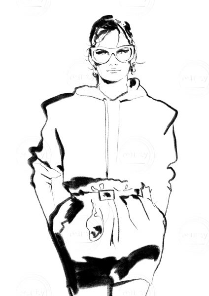 Fasion Draft of Girl in a Coat with Glasses and Hoodie