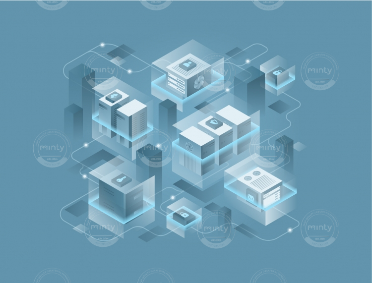 Computer servers connected drawn in isometric view