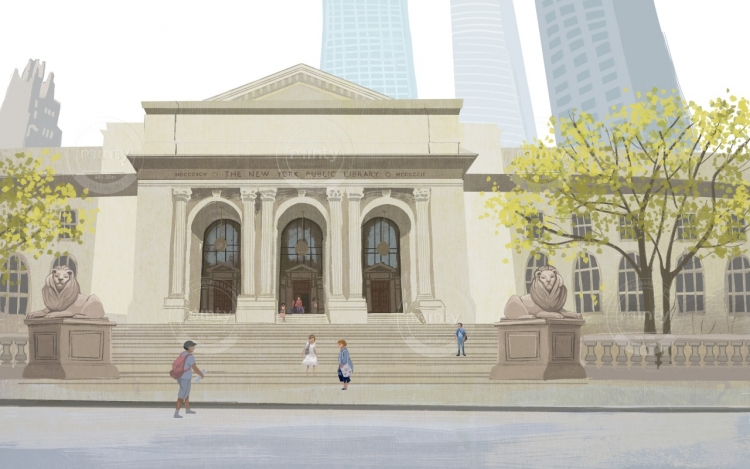 People are walking in front of New York Public Library on a nice spring day