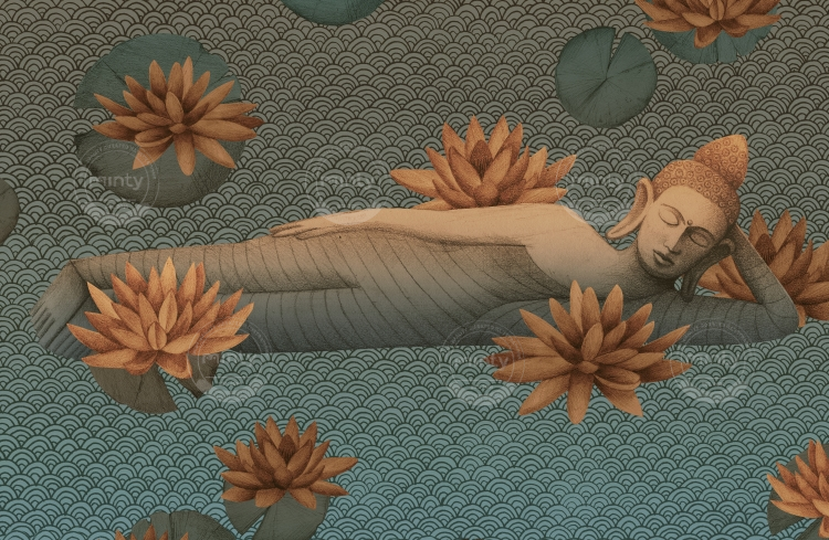 sleeping buddha with lotus flowers in blue river