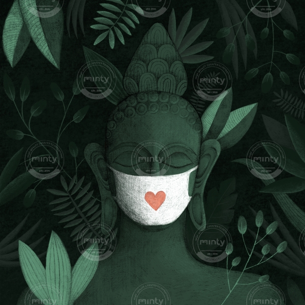 Buddha in green jungle with a face mask