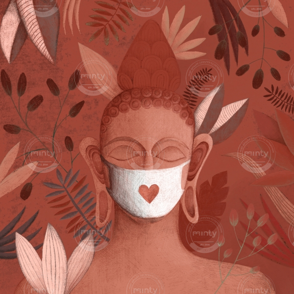 Buddha in pink jungle with a face mask