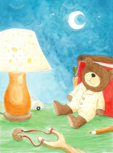 Good night, watercolour book illustration, teddy bear, moon, children room