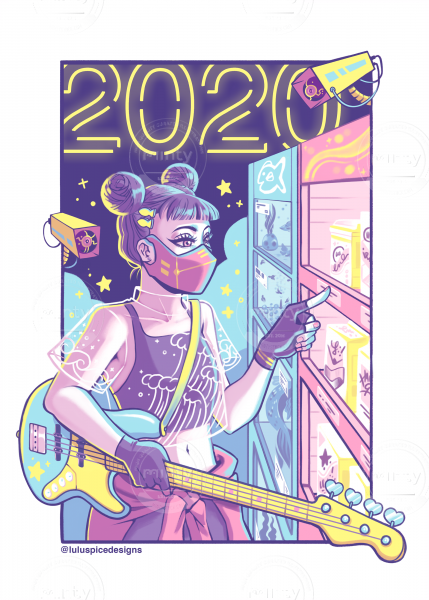 Cyberpunk girl wearing a face mask buying from a pastel vending machine holding a bass guitar, watched by security cameras