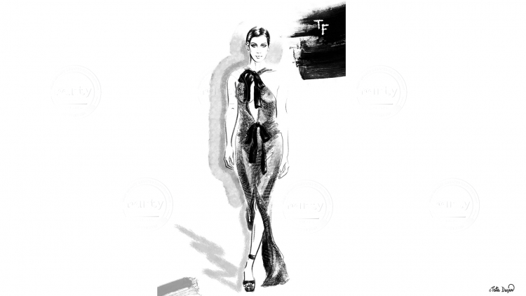 Bella Hadid in dress by Tom Ford AW2020 collection. Fashion Illustration -  Illustration price | Minty