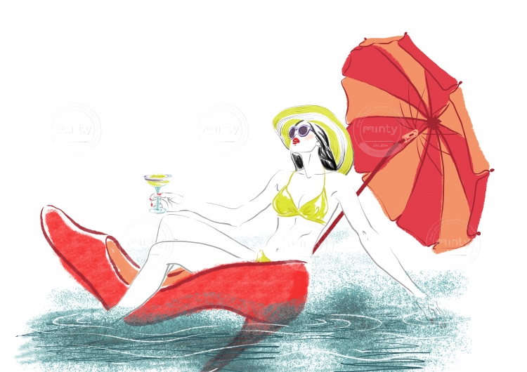 Summertime. The woman is enjoying herself. She uses a huge red Louboutin shoe as a boat, floats down the river under an umbrella and drinks a cocktail