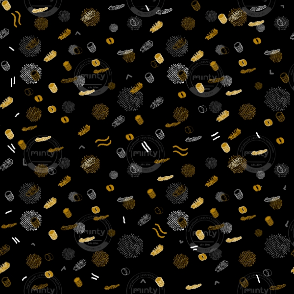 Pasta pattern with traditional italian pasta shapes in white yellow and gold on black background