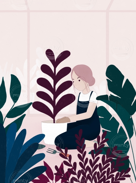 Girl gardening in greenhouse