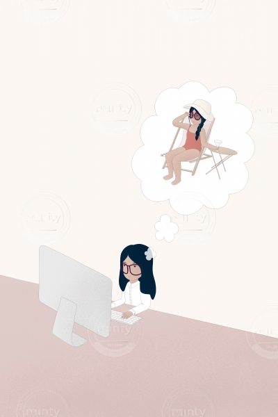 Girl dreaming of summer while working at her desk