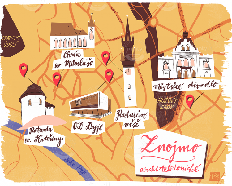 Znojmo city map in inky style and full of colors and architecture with hand lettering