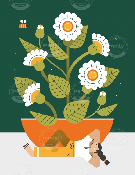 Girl doing a break and relaxing under a pot with flowers.