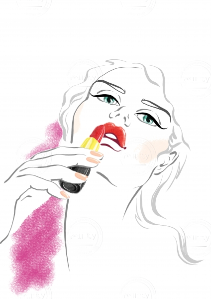 A girl with red lipstick in her hand makes a make-up of her lips. Beauty Illustration.