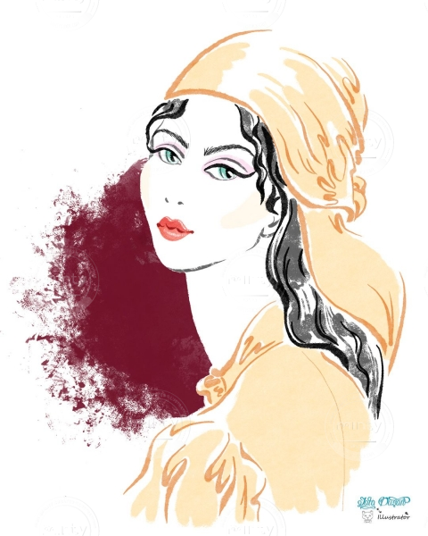 Orange Dress and Headscarf by Sara Battaglia Spring 21 RTW collection. Fashion Illustration.