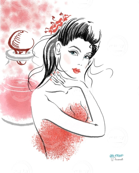 Woman in red floral dress enjoys the scent of perfume. A perfume bottle with a floral scent in the background. Beauty illustration.