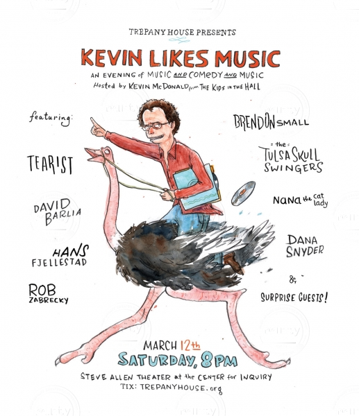 Trepany House Variety Show Poster: absurd caricature of man riding ostrich