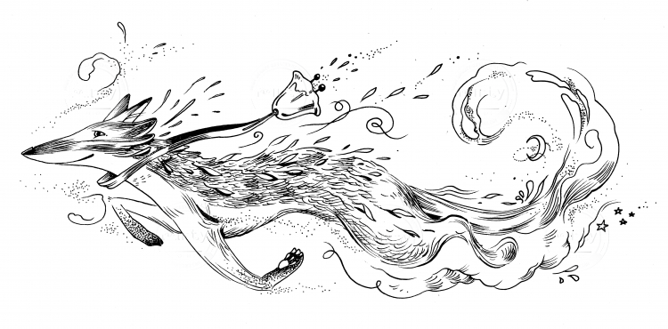 Fox running trough the space with a small bell at her neck, morning star