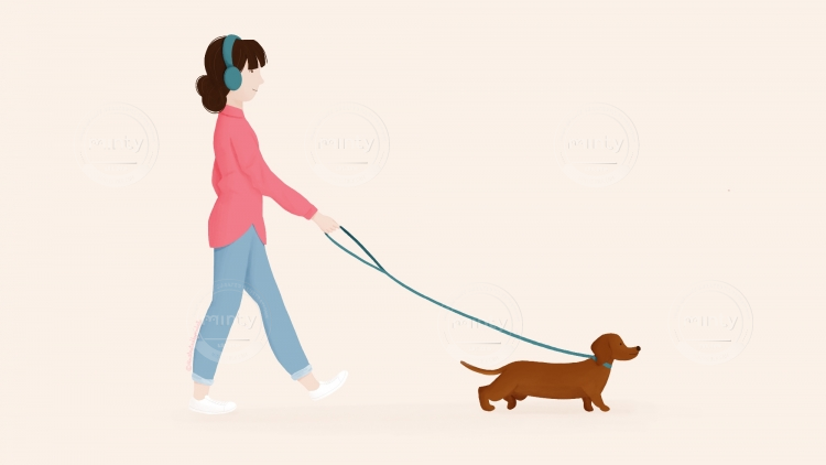 woman walking dog illustration