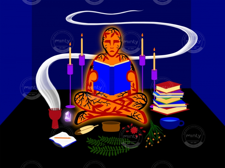 character person sitting reading studying books medicine healing smoke plants nature candles water in blue room