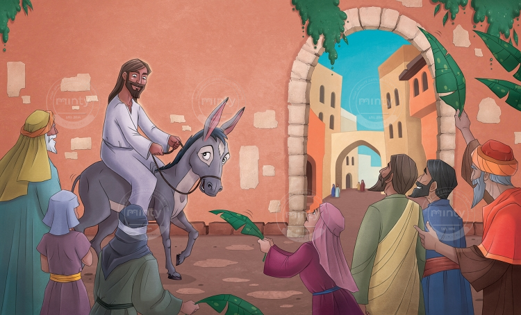 Jesus entering Jerusalem on a donkey