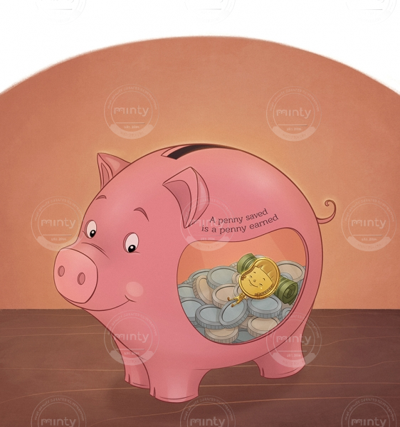 A tiny penny in a piggy bank