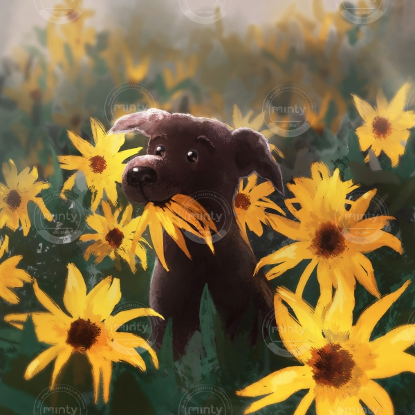 dog in yellow flowers