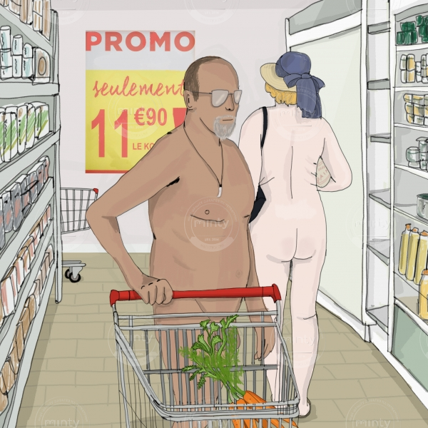 Two nudists are shopping in a supermarket