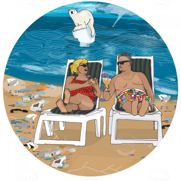 A couple is sunbathing on a beach with litter with a polar bear in the background