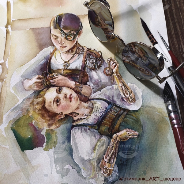 Акварель, тушь. Стимпанк персонаж. Серия «шедевр»