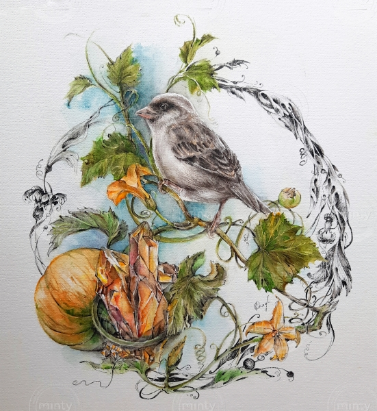 Воробей Тушь, акварель 