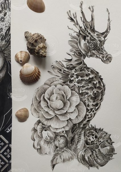 Графика, тушь. Конёк морской