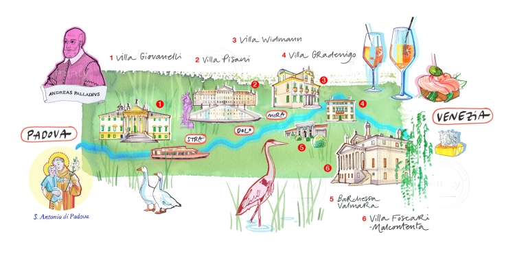 Illustrated Map of Palladio style villas on the Brentas river