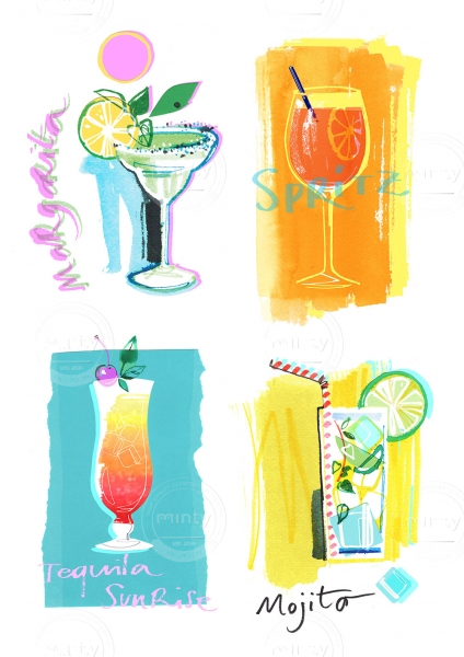 Illustration of Summer Cocktails: Margarita, Spritz, Tequila Sunrise and Mojito