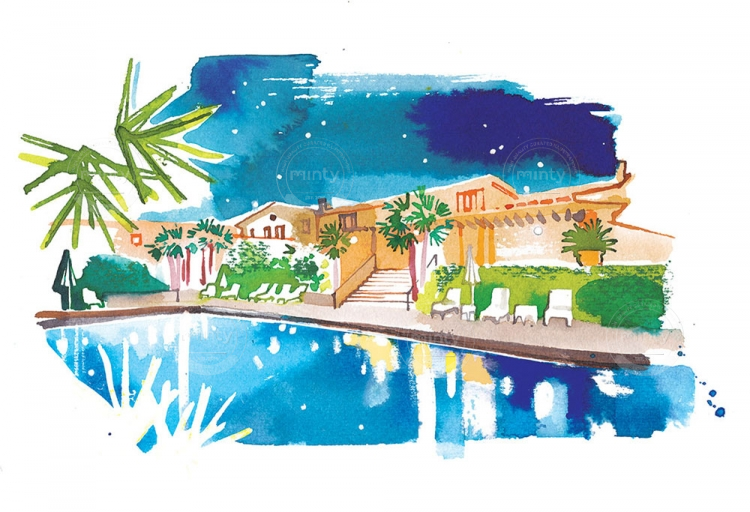 Watercolor illustration of Vineyard Resort Chateau de Berne swimming pool at night