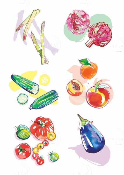 Food illustration of Seasonal Spring Summer Fruit and Vegetables