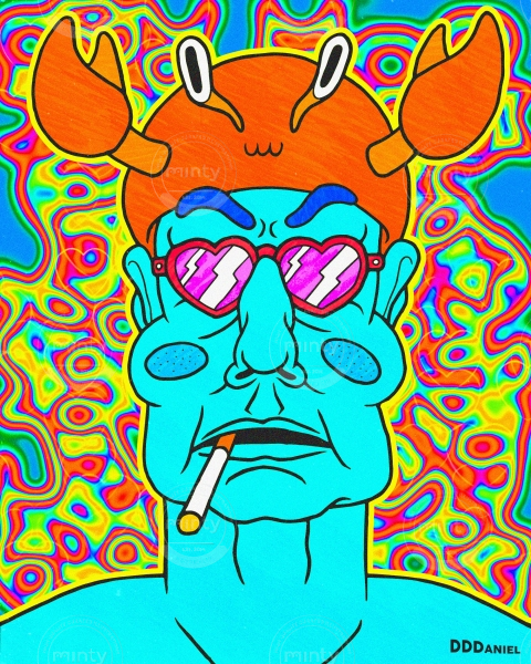 Annoyed blue man with heart glasses and crab hat smoking a cigarette.