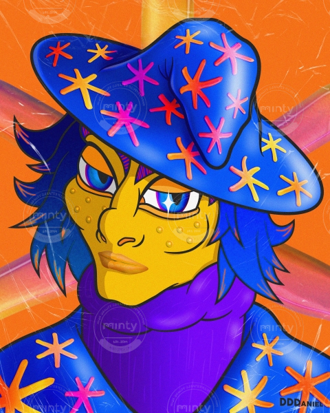 Colorful wizard wearing hat and turtle neck.