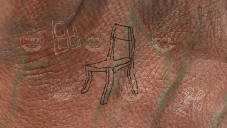 Wonky chair tattoed on textured skin with veins