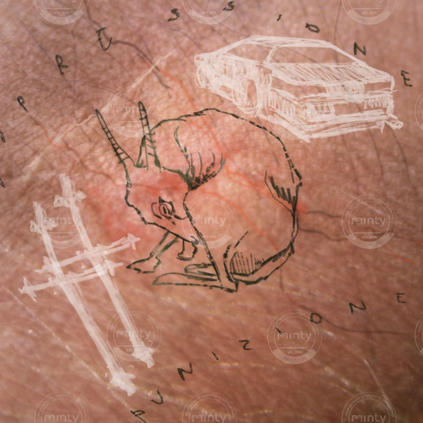 Goat, car and crosses tattoes on textured skin