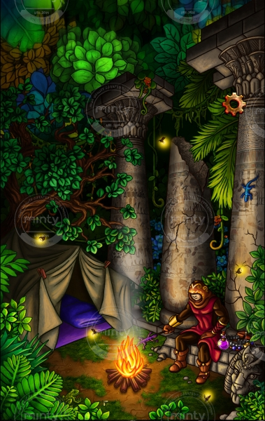 Forest scene with the game character camping and cooking a lizard