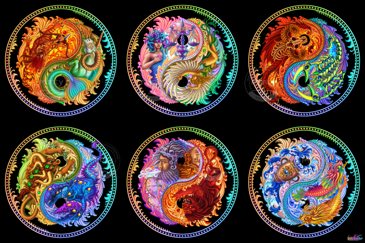 Fantasy art of Zodiac signs with their elements in Yin Yang shape