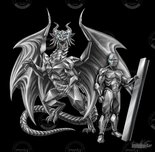 Fantasy Art of Metal Dragon and Steel Man