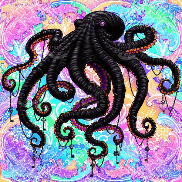 Black octopus with keys and chains on a colorful pastel background