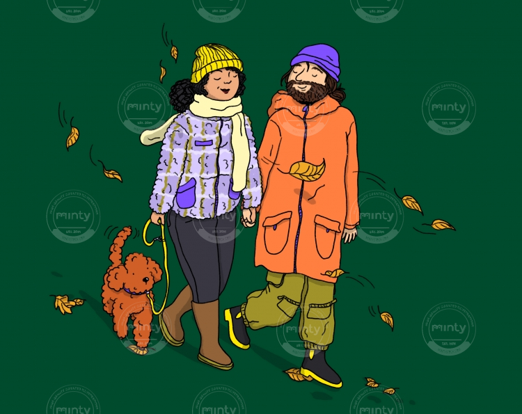 A couple and their dog are taking a walk in autumn.