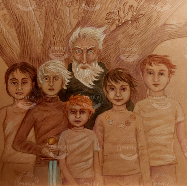 The dark is rising.  Merlin and a group of children under a tree