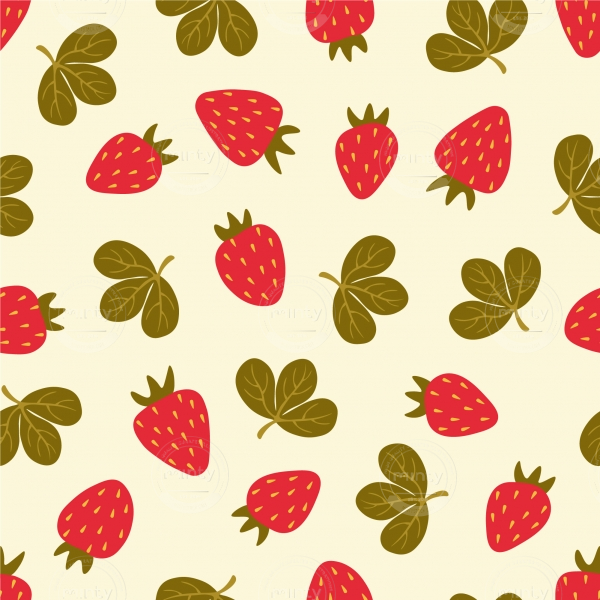 Seamless vector vegetal pattern with stylized tasty red strawberries and cute green leaves on beige background.	